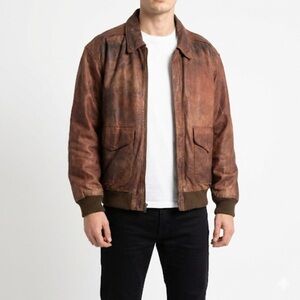 G-III Distressed Leather Bomber Varsity Jacket Mens L Brown Utility Retro